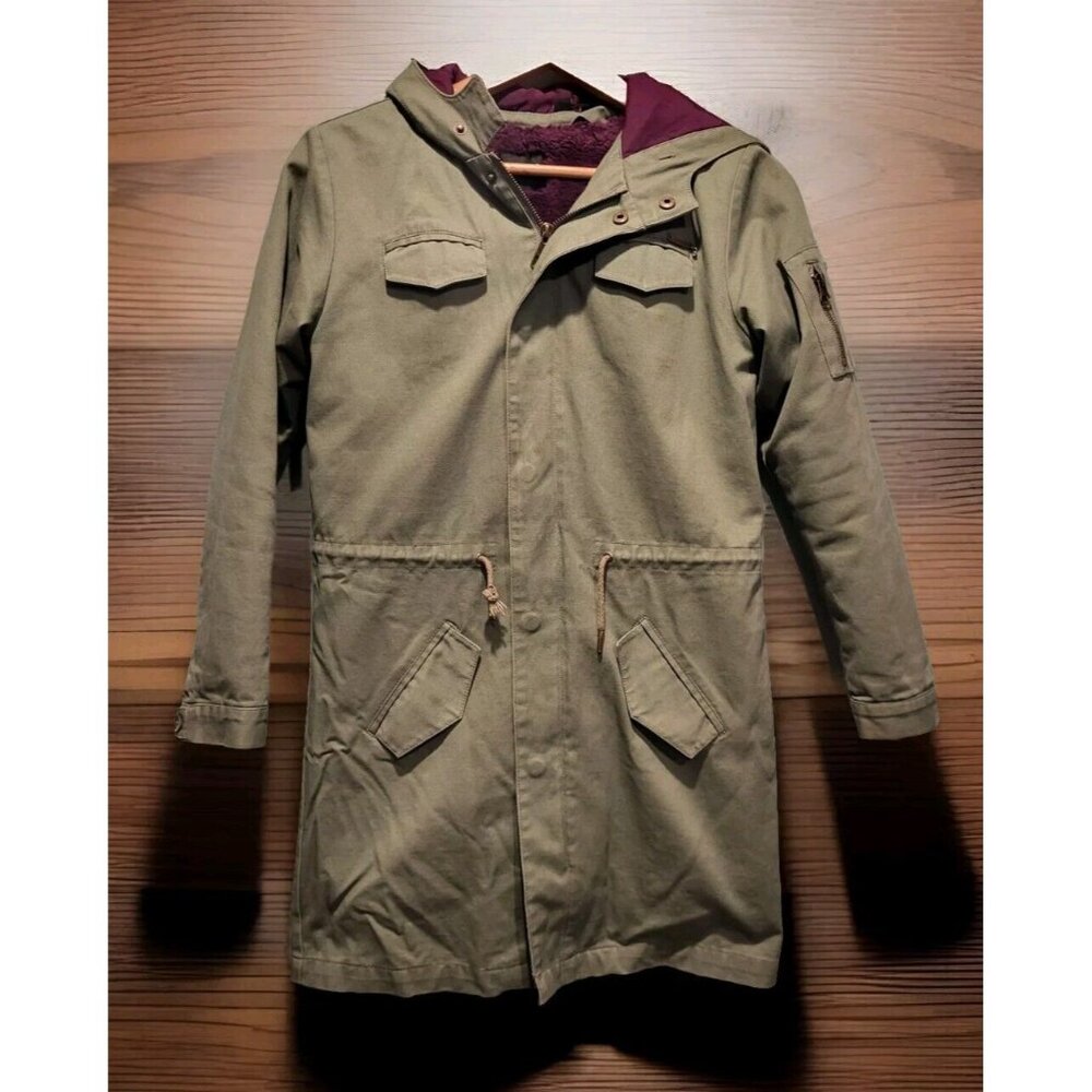 Guess Green Khaki Mid Length Hooded Coat Removable Fleece Liner Sz Girls 14